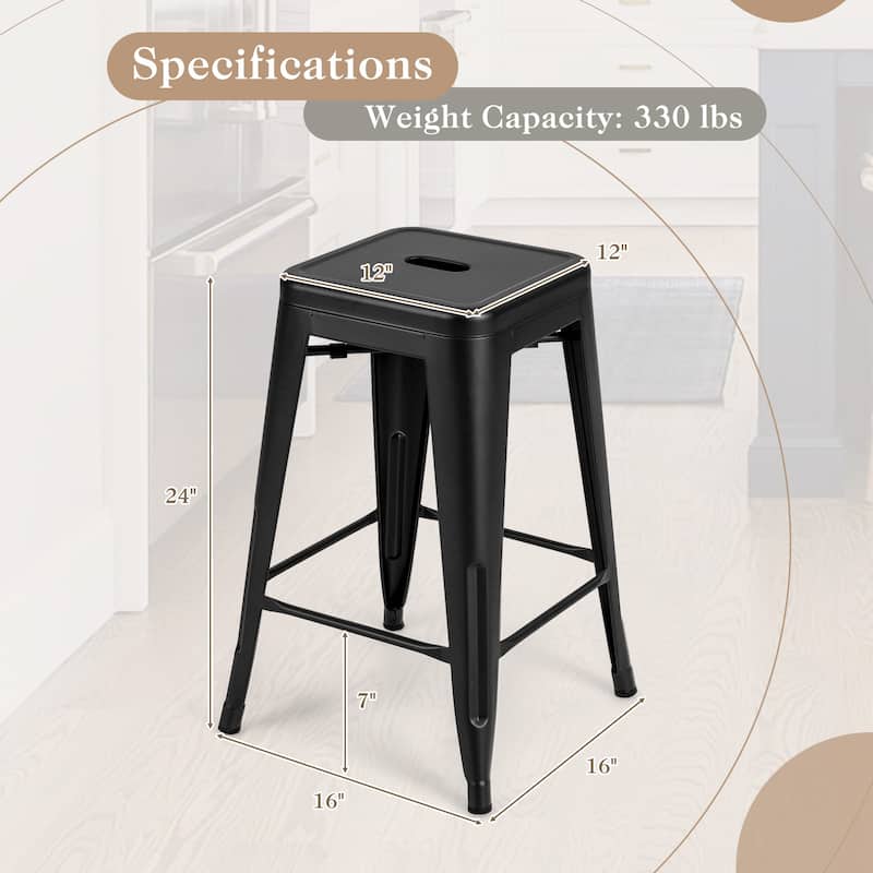 4-Piece 24" Space Saving Stackable Metal Bar Stools with Footrest for Kitchen or Patio - 16" x 16" x 24"
