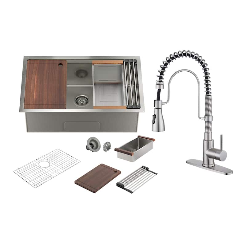 All-in-One Undermount Single Bowl 16 Gauge Nano Brushed Stainless Steel Workstation Kitchen Sink with Accessories and Faucet Set - 32 x 19 x 10 - Sink + Brushed Nickel Pull Down Kitchen Faucet