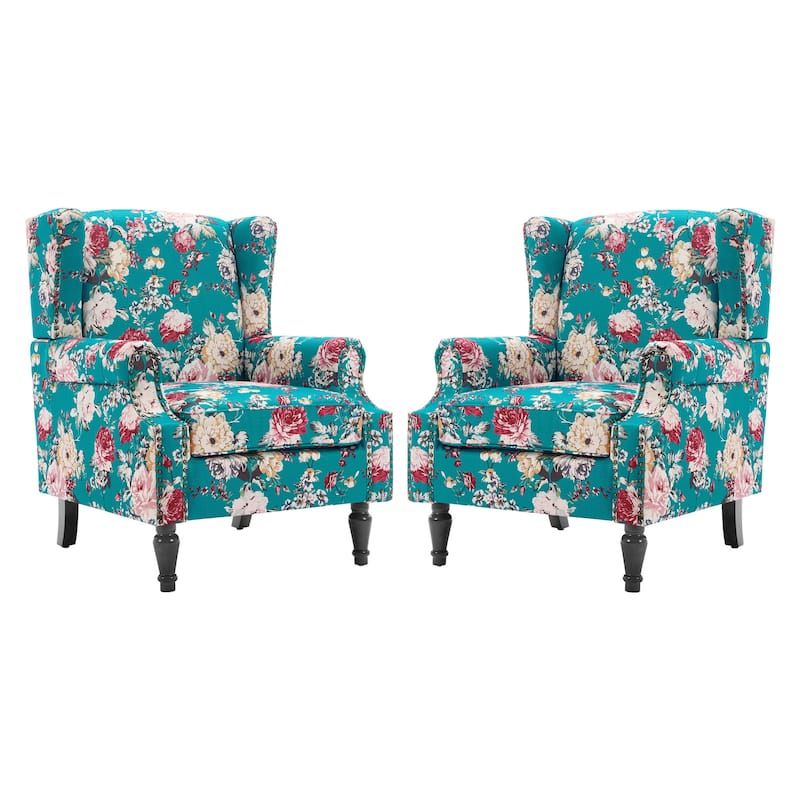 2 Set Transitional Patterned Wingback Accent Chairs with NailHead