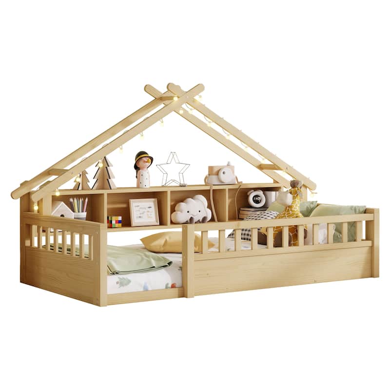 Floor Bed House Bed Frame with Storage Shelf Safety Guardrails