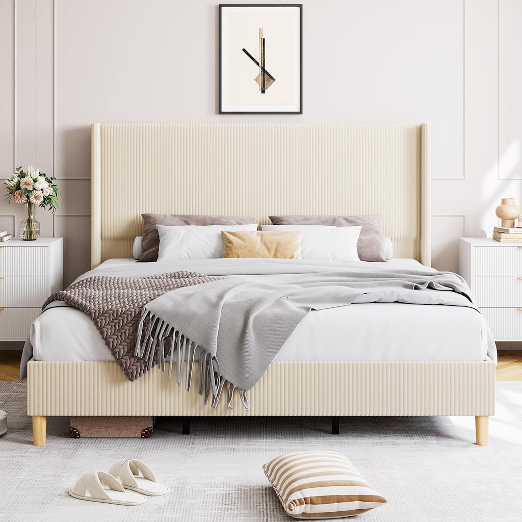 Corduroy Upholstered Platform Bed with Wingback Tufted Headboard, Wood Slats, No Box Spring Required