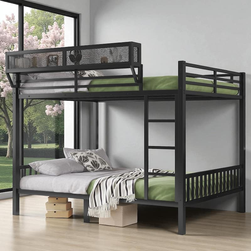 Queen Over Queen Metal Bunk Bed with Ladder and Storage Shelf, Heavy-Duty Bunk Frame for Adults and Teens