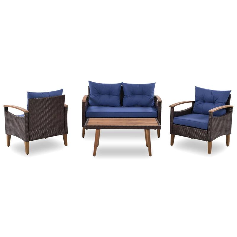 4-Piece Garden Furniture, Patio Seating Set, PE Rattan Outdoor Sofa Set, Wood Table & Legs, Brown & Blue