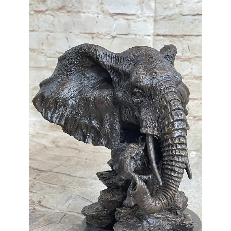 Original Striking Mive Imitative Elephant Head Bust With Baby Bronze Sculpture Statue