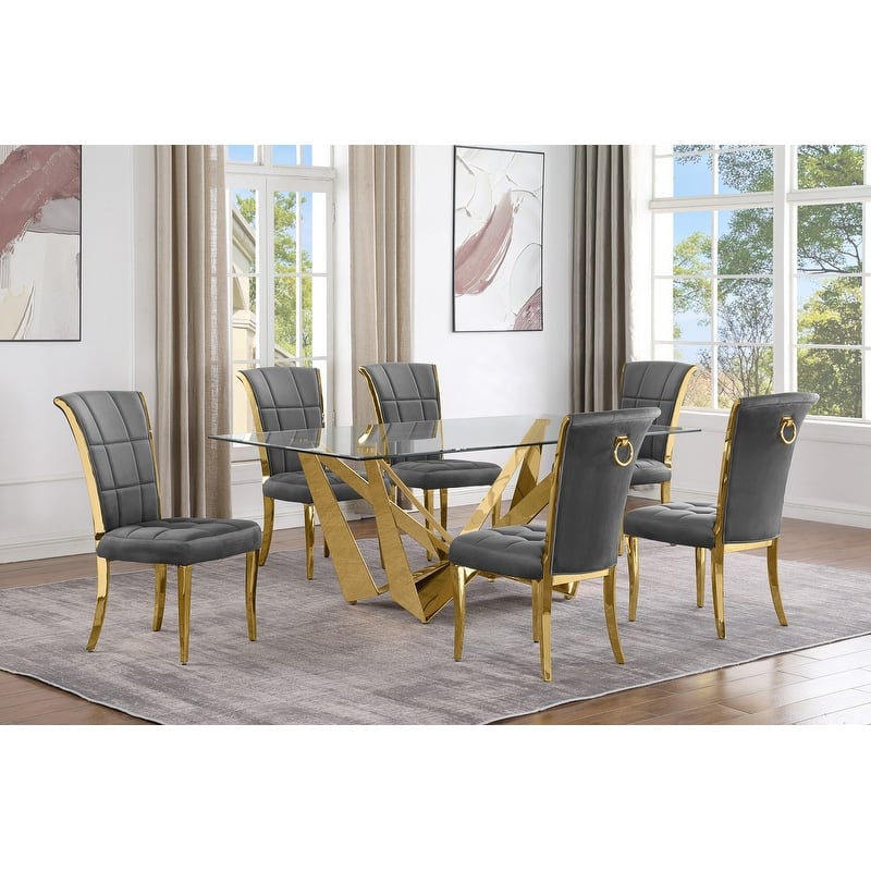 Best Quality Furniture D400/1-SC320-7 Dining Set with 78" 12mm Glass with Bevel - 7-Piece - Dark Grey / Gold