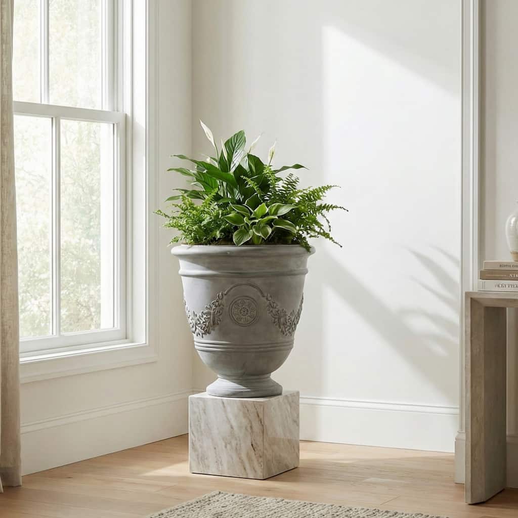 Christopher Knight Home - Jinni Classical 18.11"H Outdoor Pedestal Urn Planter with Garland-Carved Design