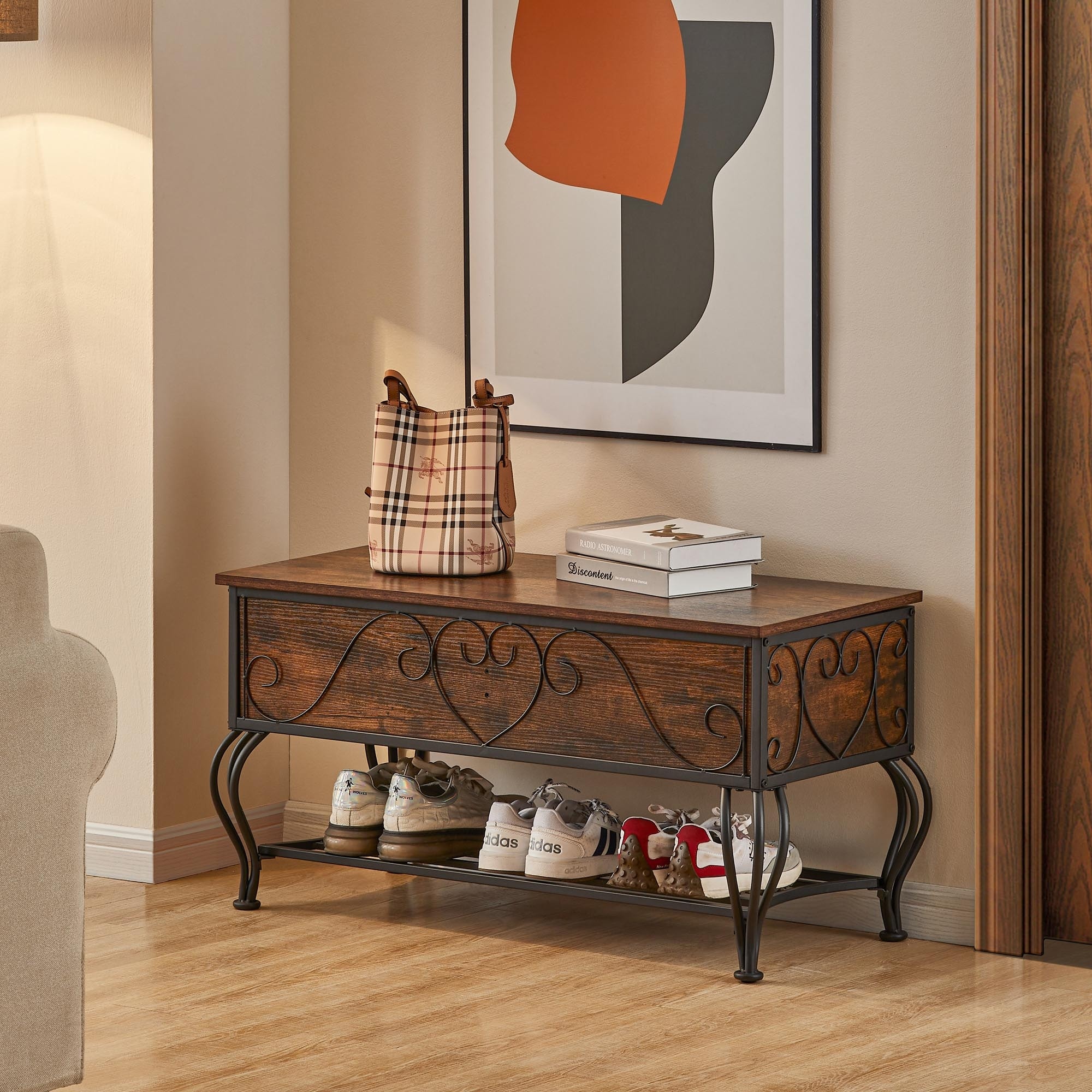 Wrought iron shop entryway bench