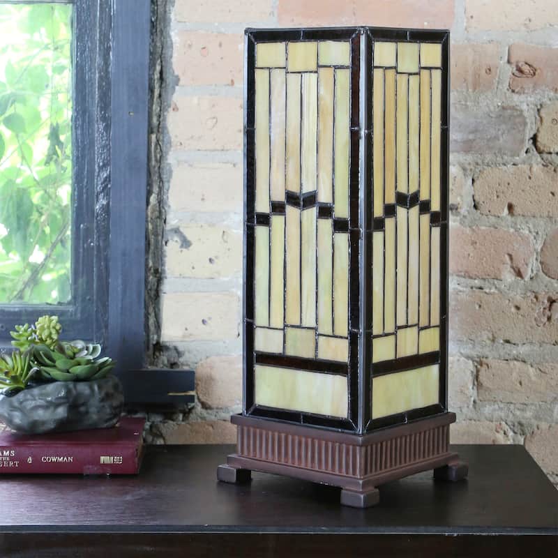 The Curated Nomad Wexler Stained-glass Rustic 17-inch Hurricane Lamp - 6.75"L x 6.75"W x 17.25"H