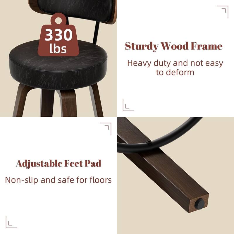 XINMICS 26 Inches Swivel Counter Height Bar Stools with Faux Leather Upholstered Pad Wood Back, Set of 2/3/4