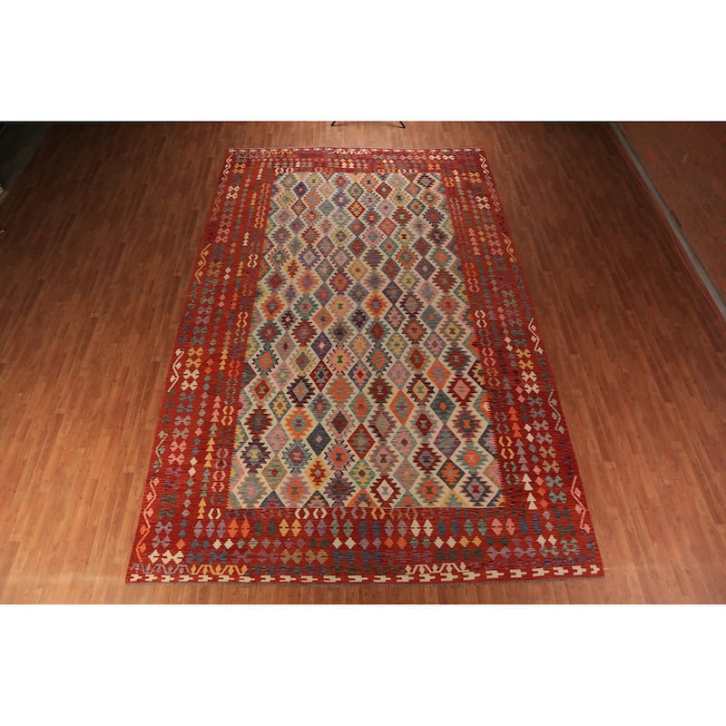 All-Over Geometric Kilim Oriental Large Rug Hand-Woven Wool Carpet - 10'5"x 16'2"