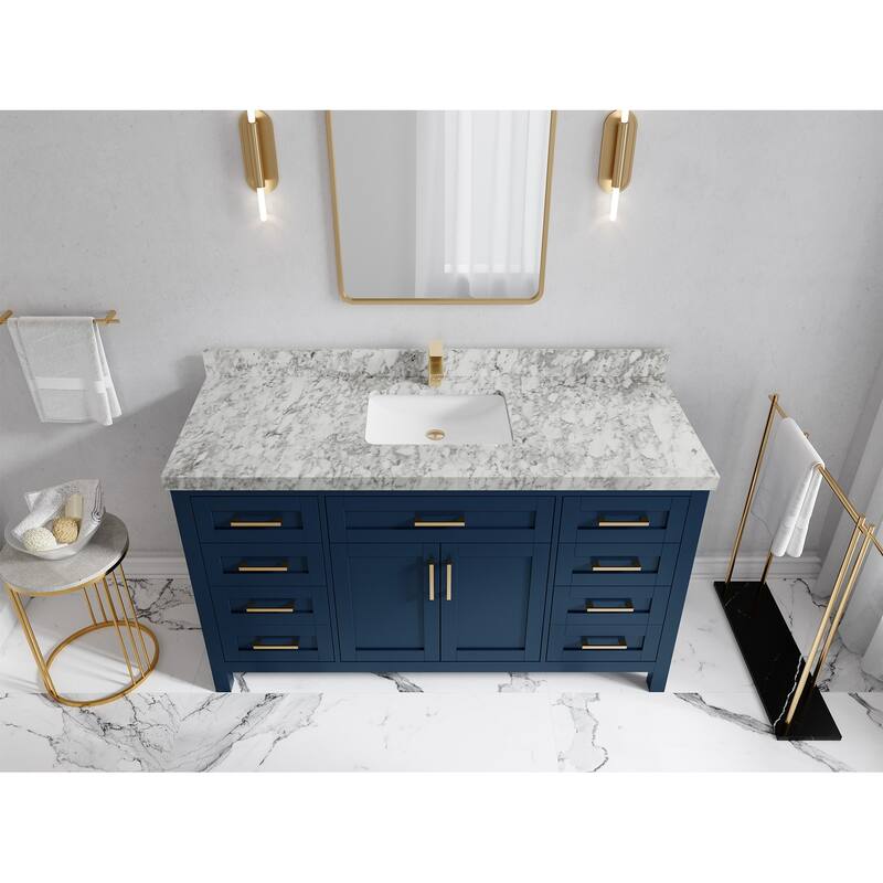 Willow Collections 60 in. W x 22 in. D Cambridge Single Sink Bathroom Vanity with Countertop - 2" Carrara Marble - Navy Blue