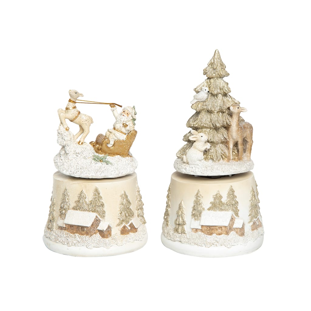 Transpac Resin Sleigh & Christmas Tree Music Box Set of 2 Christmas Home Decorations