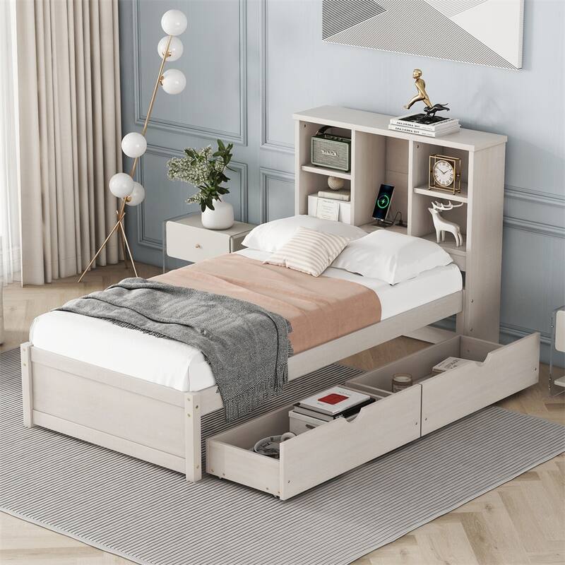 Twin Size Bed W/ Built-in USB Port on Bookcase Headboard,2 Drawers