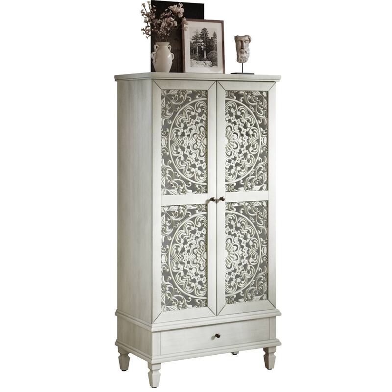 GDF Studio - Maribelle Rustic 55" Tall Storage Cabinet with Drawer, Decorative 2-Door Carved Wood Accent Cabinet
