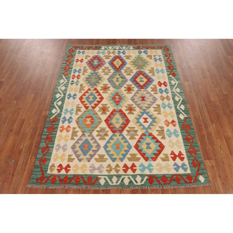 Kilim Reversible Area Rug Hand-Woven Geometric Beige Wool Carpet - 4'10"x 6'5"