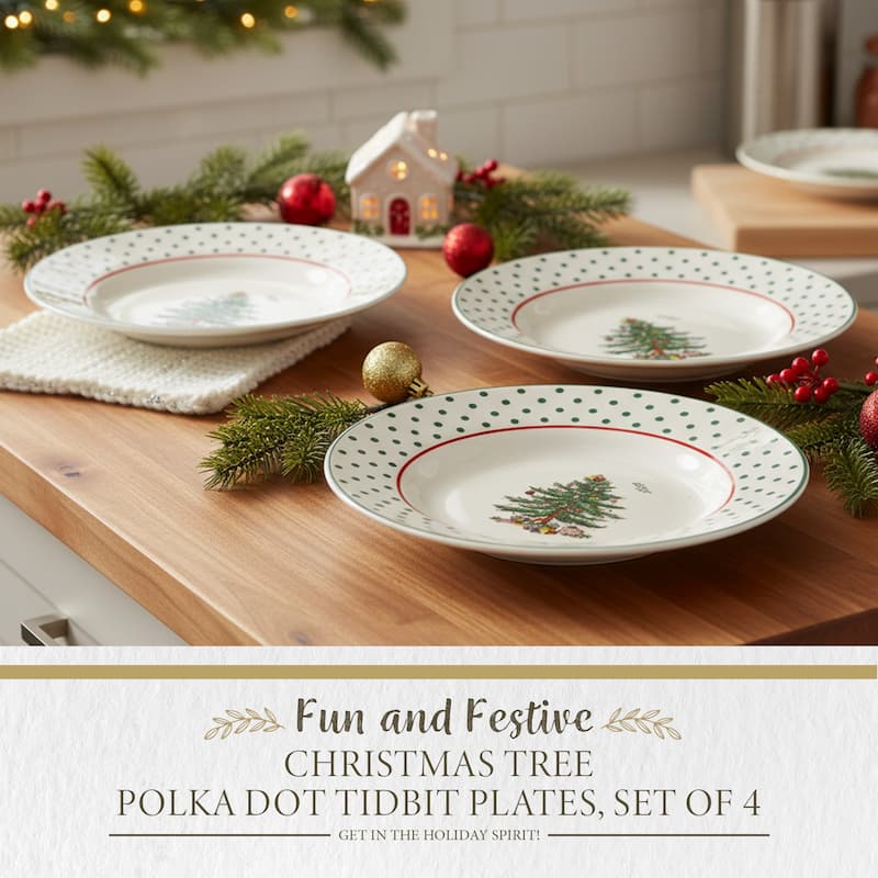 Spode Set of 4 Christmas Tree Polka Dot Tidbit Plates