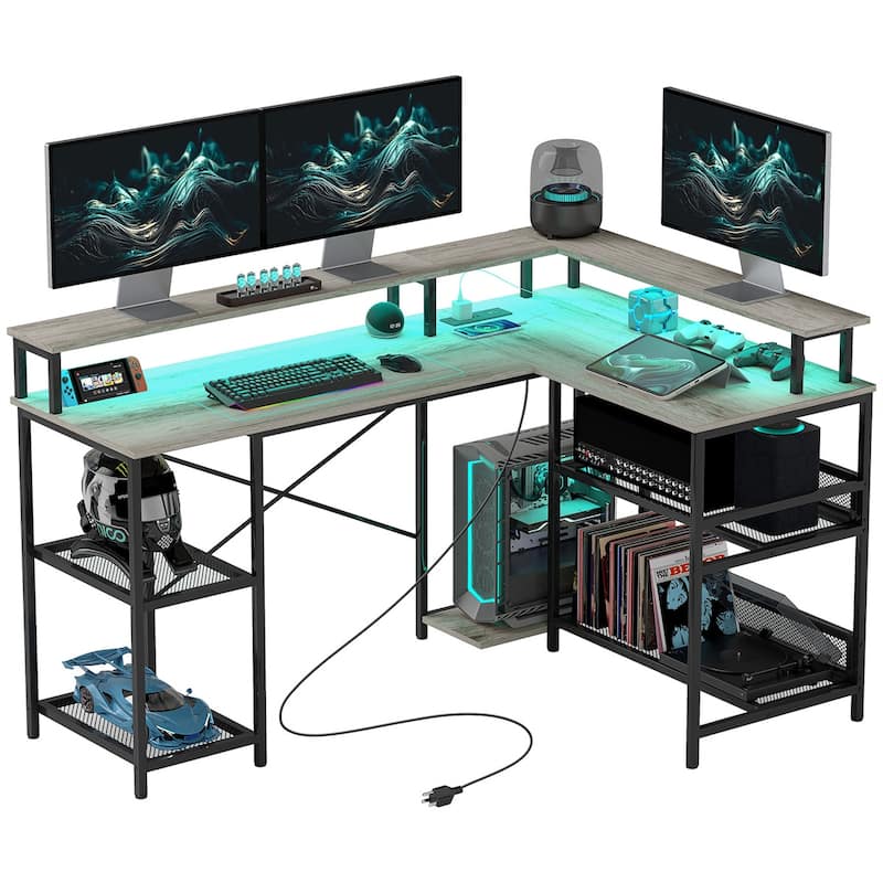 Shaped Desk with RGB LED Light USB Charging Ports Ergonomic Monitor Stands and Storage Shelves Sturdy Corner Office Workstation - Grey