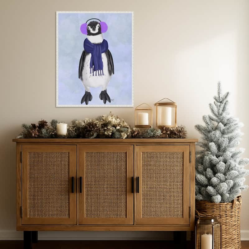 Penguin Ear Muffs by Fab Funky (23 x 28 in.), Framed Canvas Wall Art Print - Sylvie Beaded White