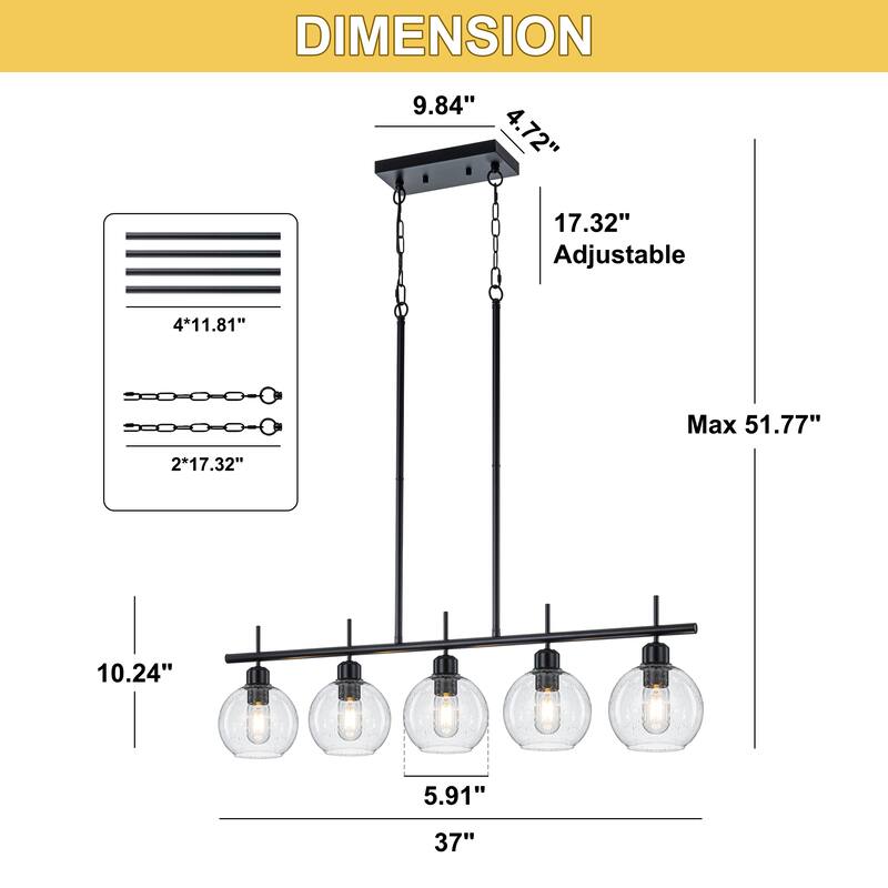 Starsky 5-Light Modern Linear Kitchen Island Pendant with Seeded Glass Globes, Adjustable Height, Black or Gold