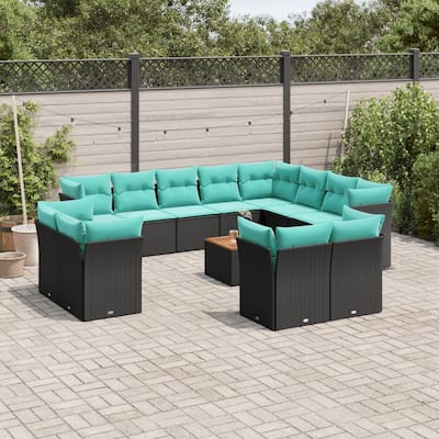 vidaXL 13 Piece Patio Sofa Set with Cushions Black Poly Rattan - 24.4 x 24.4 x 27.2
