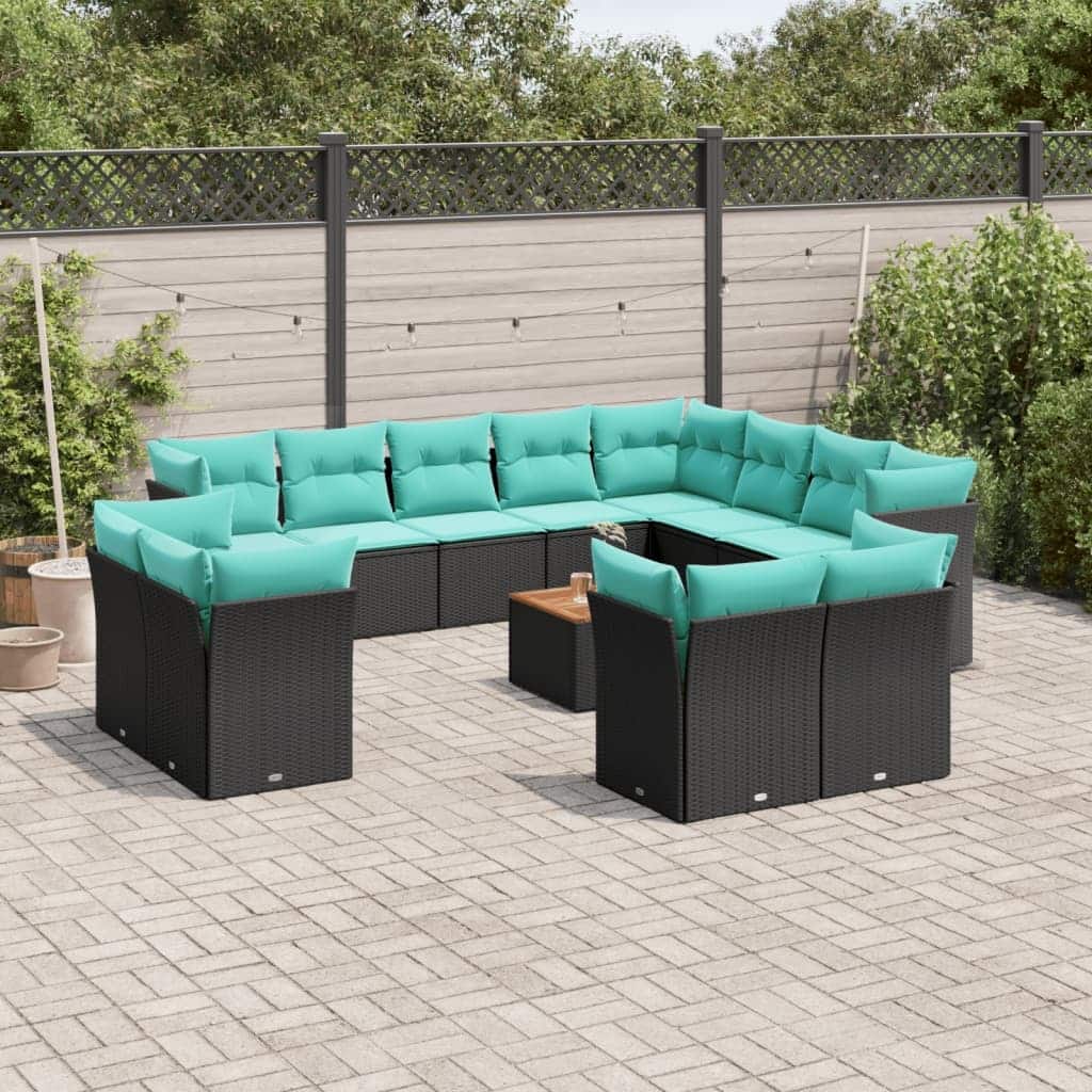 vidaXL 13 Piece Patio Sofa Set with Cushions Black Poly Rattan - 24.4 x 24.4 x 27.2