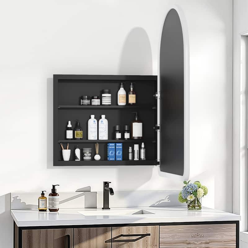 Arched Bathroom Medicine Cabinet with Mirror Wooden Framed Wall Mounted Recessed Cabinets for Bathroom Vanity