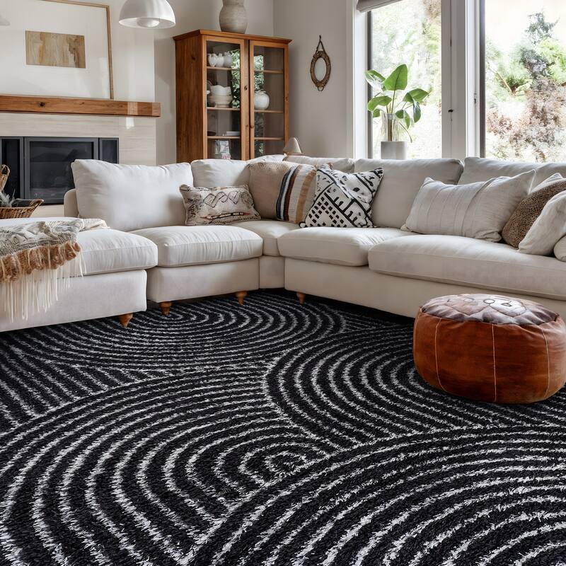 Circles Arch Shag Rug - Durable & Soft for High-Traffic Areas - Anthracite Dark Gray - Kid Friendly