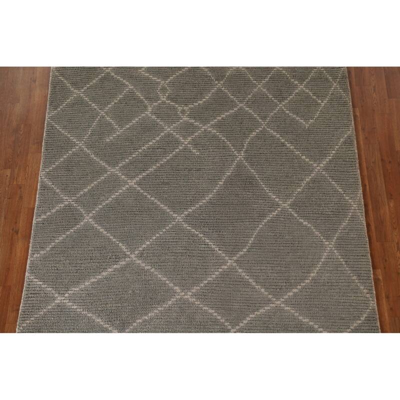 Hand Knotted Oriental 100% Wool Carpet Modern Trellis Greys & Charcoal Moroccan Area Rug - 8' 2'' X 5' 10''