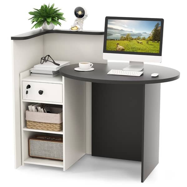 slide 2 of 10, Gymax Front Reception Counter Desk Checkout Office Desk w/Open Shelf & Black & White