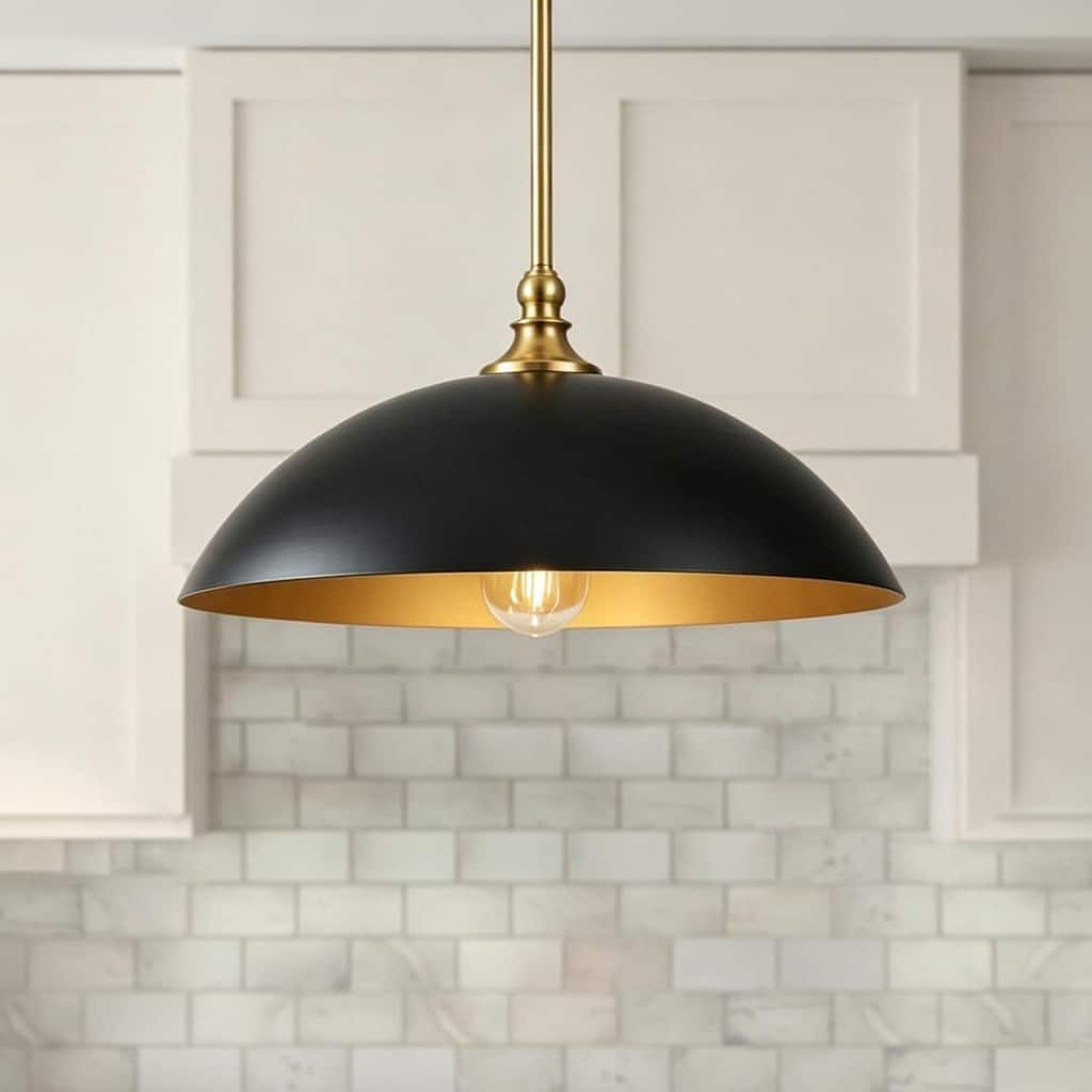 1-Light Modern Black and Brass Dome Pendant Light with Gold Interior Shade for Kitchen Island Dining Room