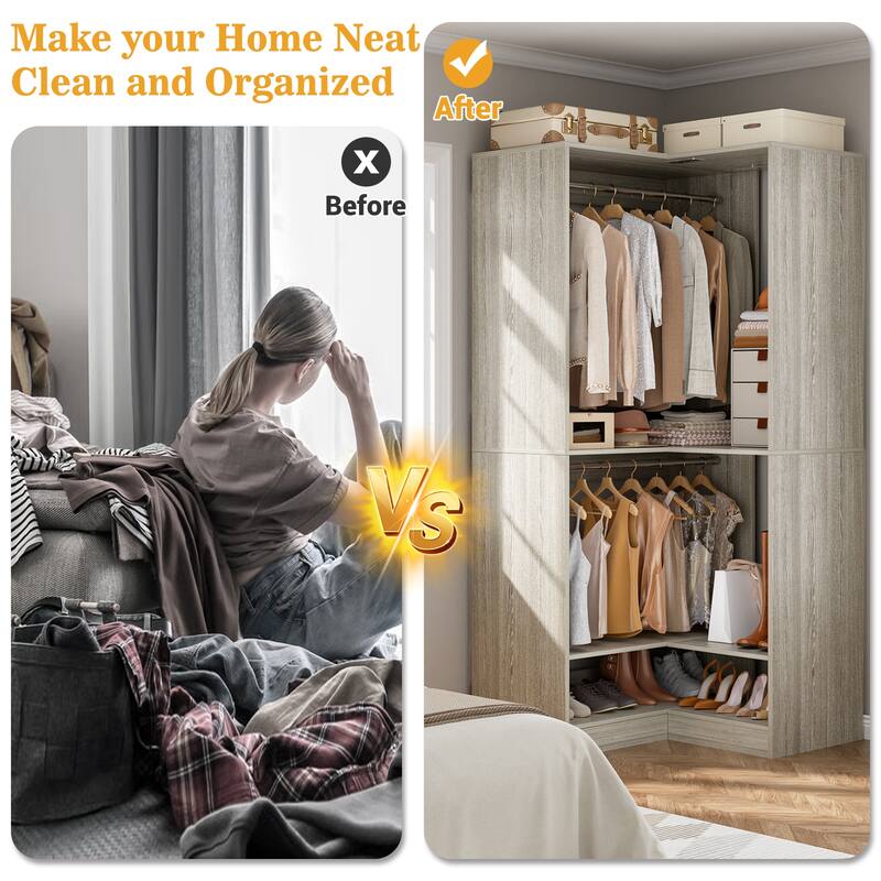 Qvella 31.5'' W Corner Closet System with Hanging Rods and Shelves,Corner Wardrobe Closet Organizer for Walk-in/Reach-in Closet