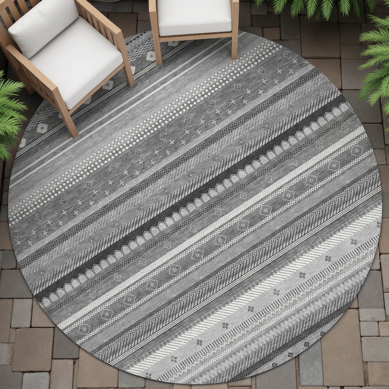 Machine Washable Indoor/Outdoor Boho Stripes Chantille Rug - Gray - 8' x 8'