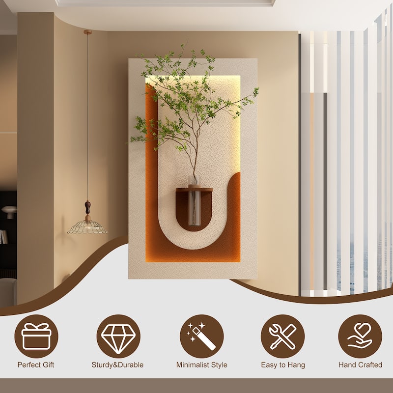 Adjustable 3-Color LED Sandstone Wall Decor with Simulated Green Plants, Glass Vase & Rabbit Statue, Remote Control Light Strips