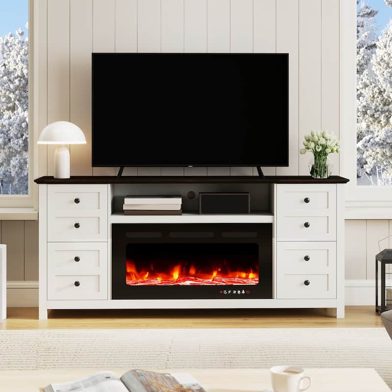 70" Modern Fireplace TV Stand for 80" TVs, Solid Wood Media Console with 36" Electric Fireplace & Storage Drawers - White.