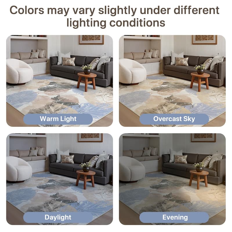 Mcow Leaf Collection Botanical Print Low-Pile Washable Area Rug