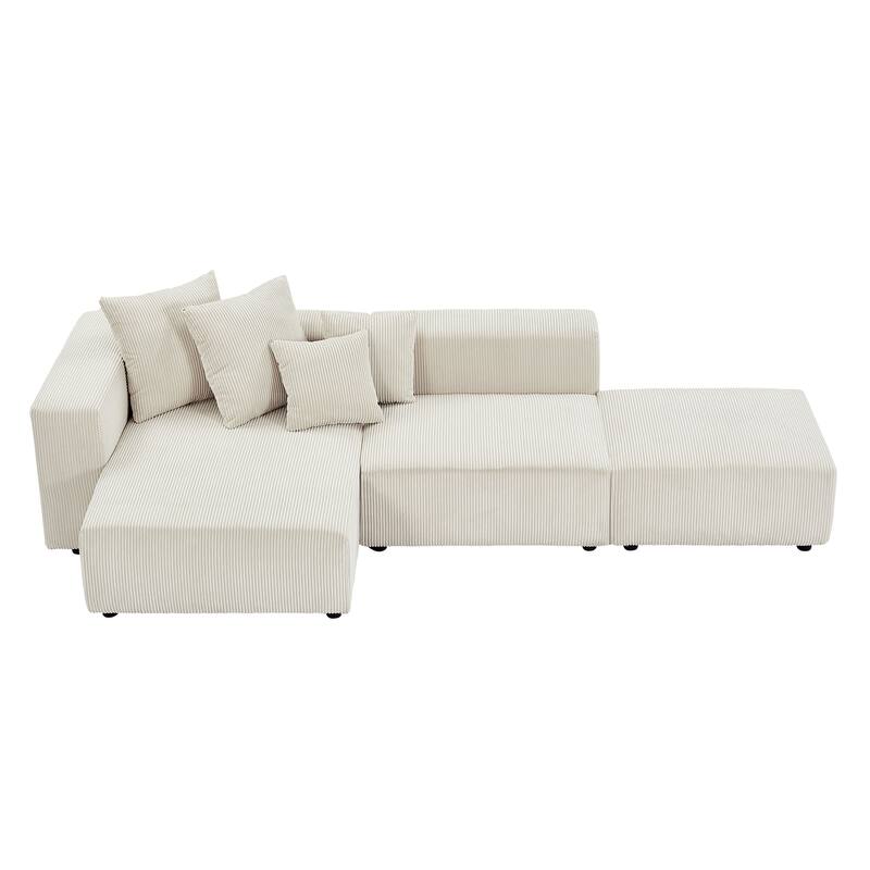 Modular Corduroy Sectional Sofa Set Beige Chaise Sofa Set with Ottoman