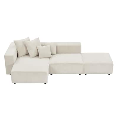Modular Soft Corduroy Sectional Sofa Set with Small L-Shaped Chaise and Ottoman & Throw Pillows