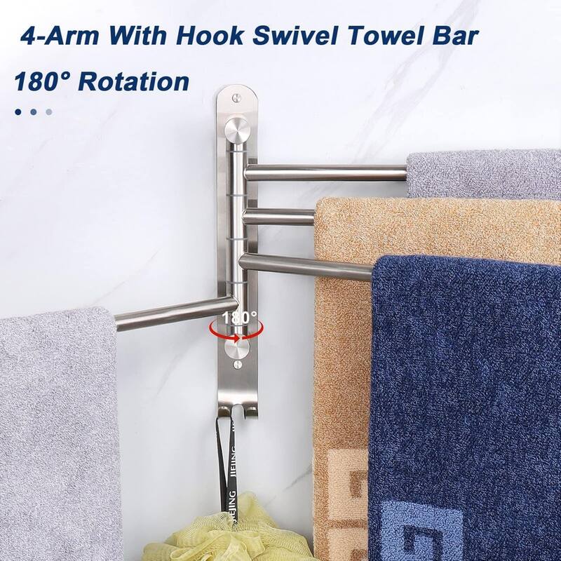 4-Arm Rust-Proof Swivel Towel Rack, 304 Stainless Steel with Hooks for Bathroom, Kitchen