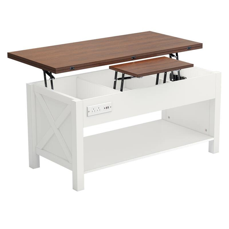 Gymojoy 42" 4-in-1 Lift Top Coffee Table with Charging & LED Lights, Farmhouse Storage Table for Living Room, Office, Dorm