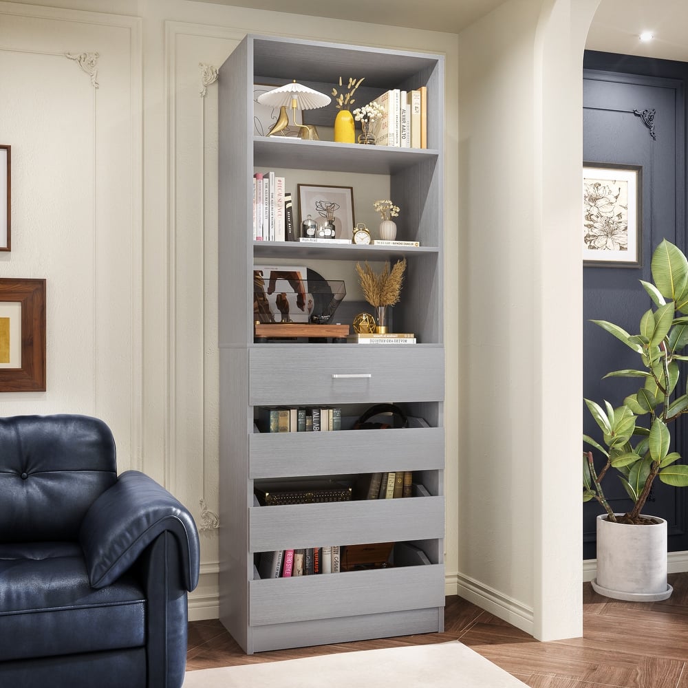 80'' H x 21.3'' W Wood Standard Bookcase with 4 Drawers,Morden Freestanding Storage and Display Bookshelf