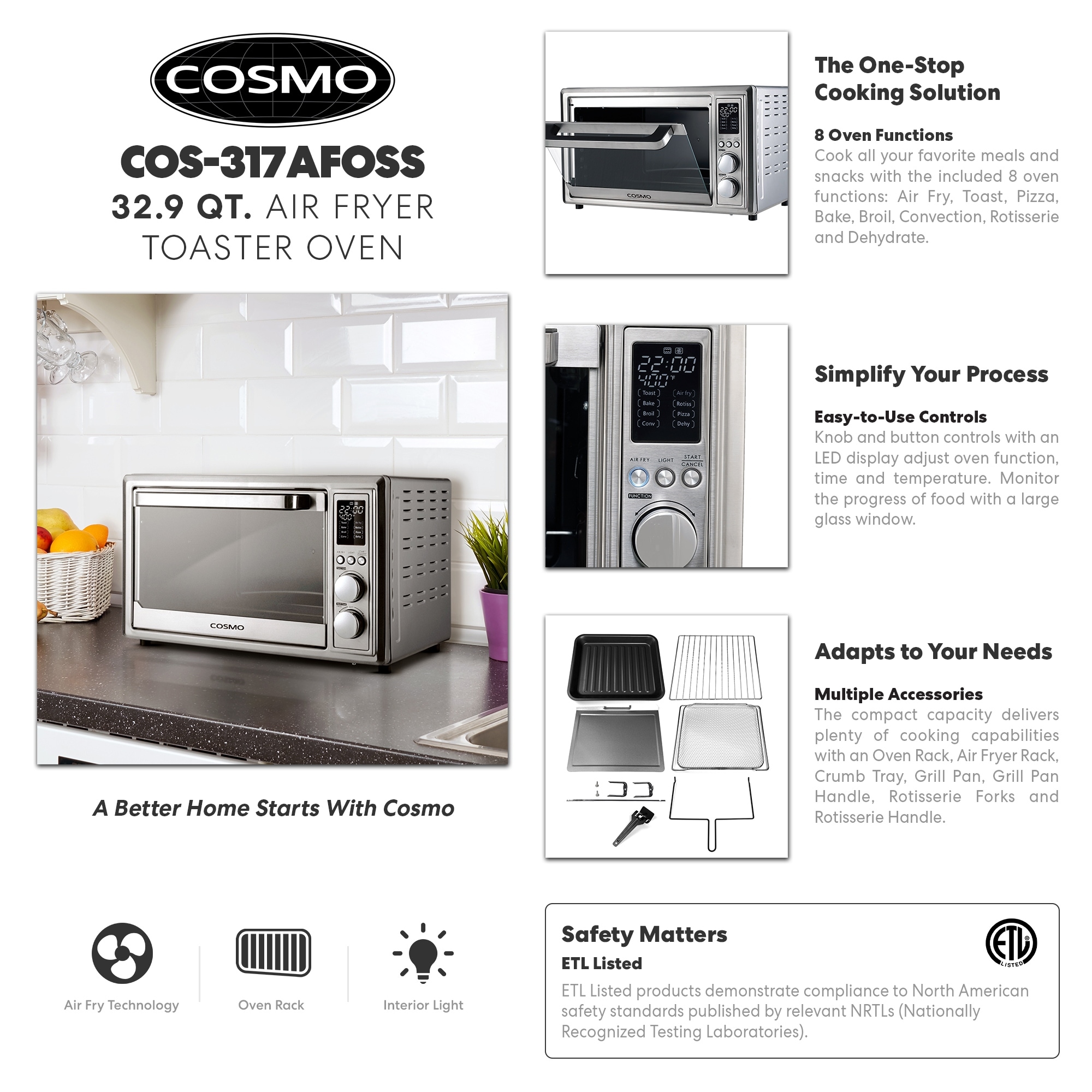 Cosmo 32 qt. Compact Electric Air Fryer Toaster Oven with Air Fry
