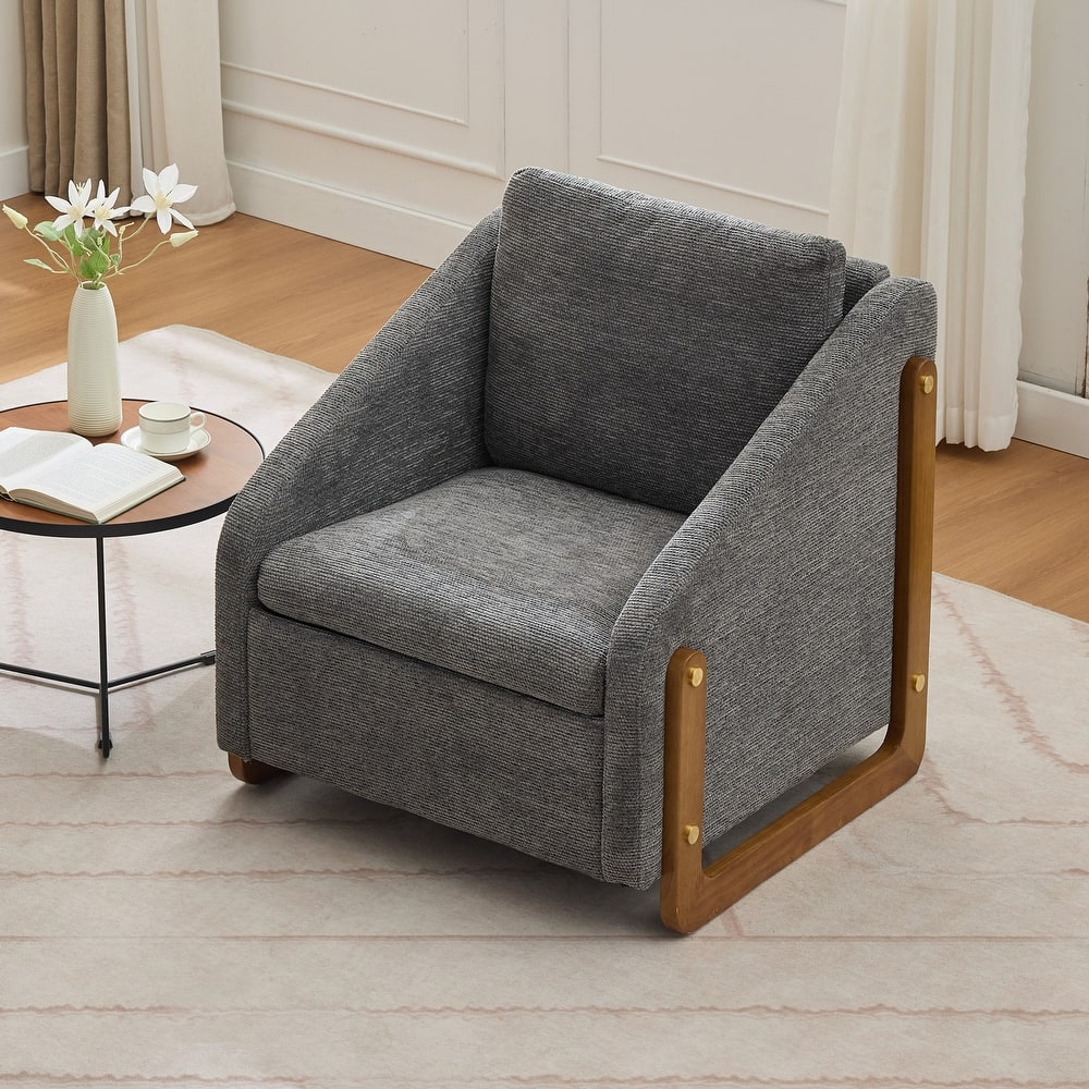 Modern Chenille Upholstered Armchair with Wooden Side Frame, Single Accent Leisure Chair with Backrest for Living Room, Bedroom