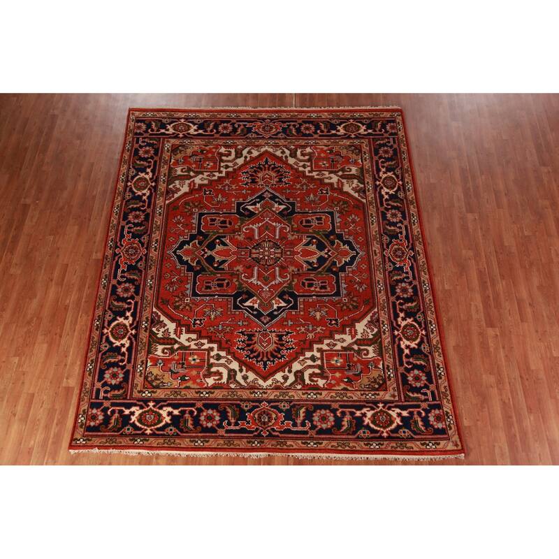 Hand Knotted Oriental 100% Wool Carpet Traditional Medallion Oranges & Rust Heriz (serapi) Area Rug - 9' 10'' X 8' 1''