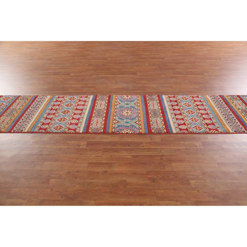 Hand Knotted Oriental 100% Wool Carpet Traditional Geometric Multi-Colored Kazak Runner Rug - 16' 0'' X 2' 5''