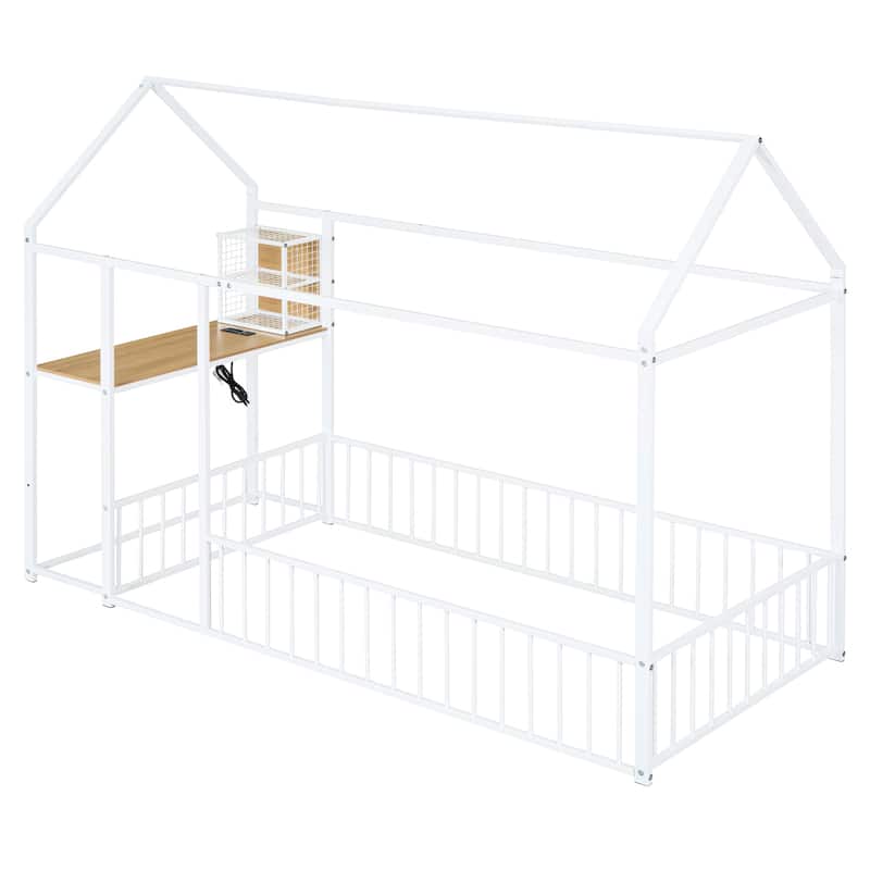 Twin Size Metal Bed House Bed Frame with Desk, Shelves, Power Outlets and USB Ports, White