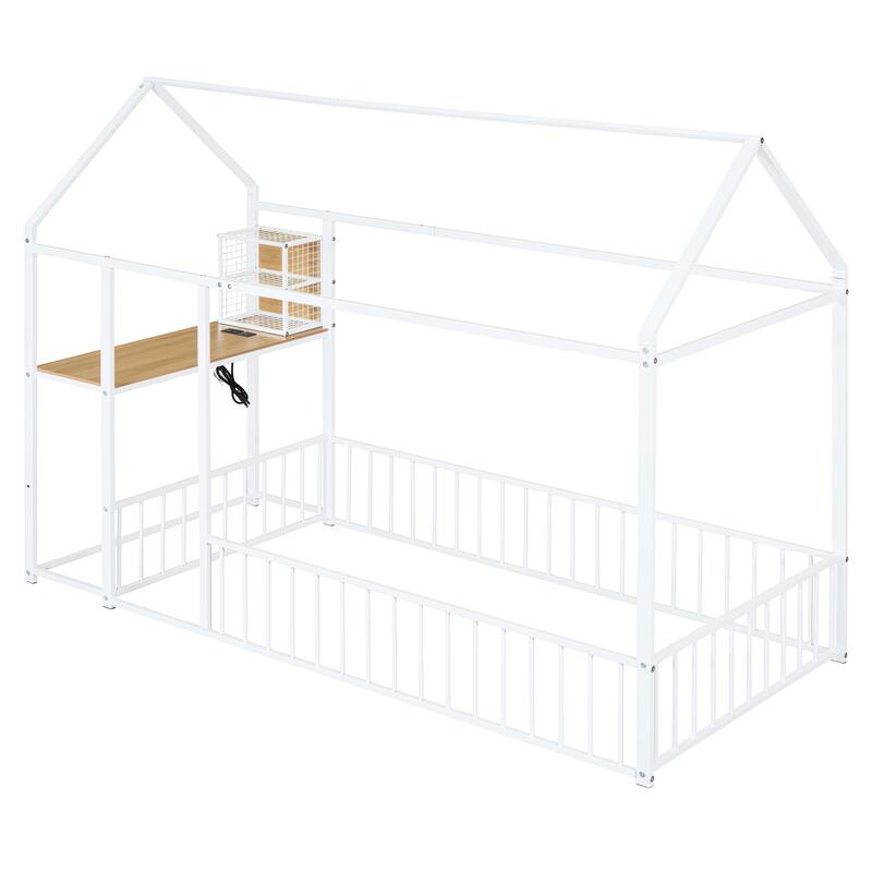 Twin Size Metal House Platform Bed Frame with Built-In Desk, USB Charging And Storage Shelves