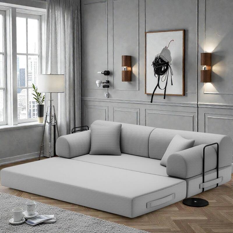 Convertible Sleeper Sofa Bed, 4-in-1 Corduroy Folding Floor Couch with Cylindrical Pillow, 2-Seat Space-Saving Lounge Sofa