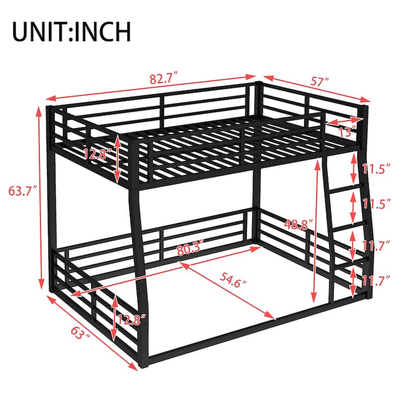 Metal Bunk Bed Twin XL/Full XL/Queen Over Queen, Heavy-Duty Low Bunk Frame with Guardrails and Quiet Design