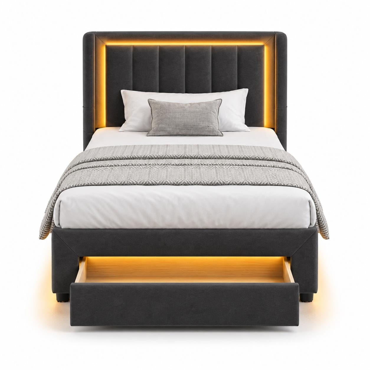 Twin Upholstered Platform Bed with Motion Sensor Light, USB Port and Storage Drawer