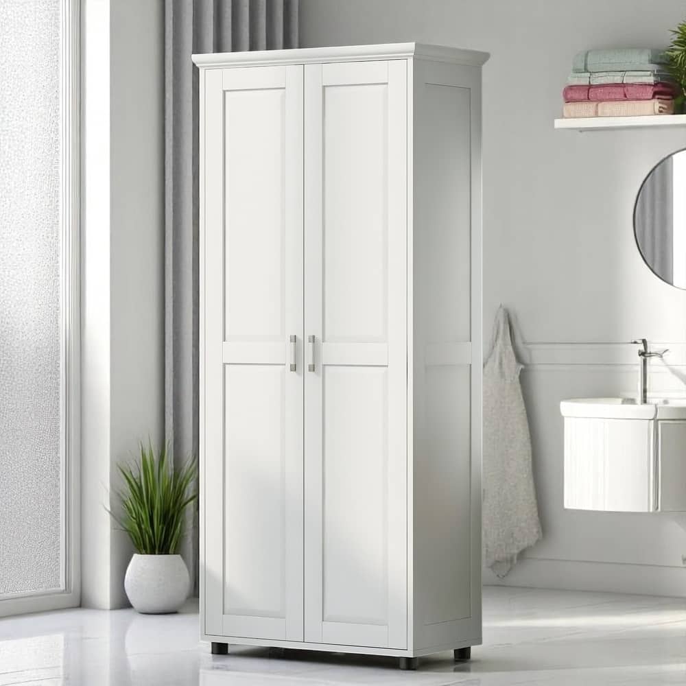Tall Storage Cabinet with Adjustable Shelves and 2 Doors, White MDF Freestanding Unit for Bathroom or Office